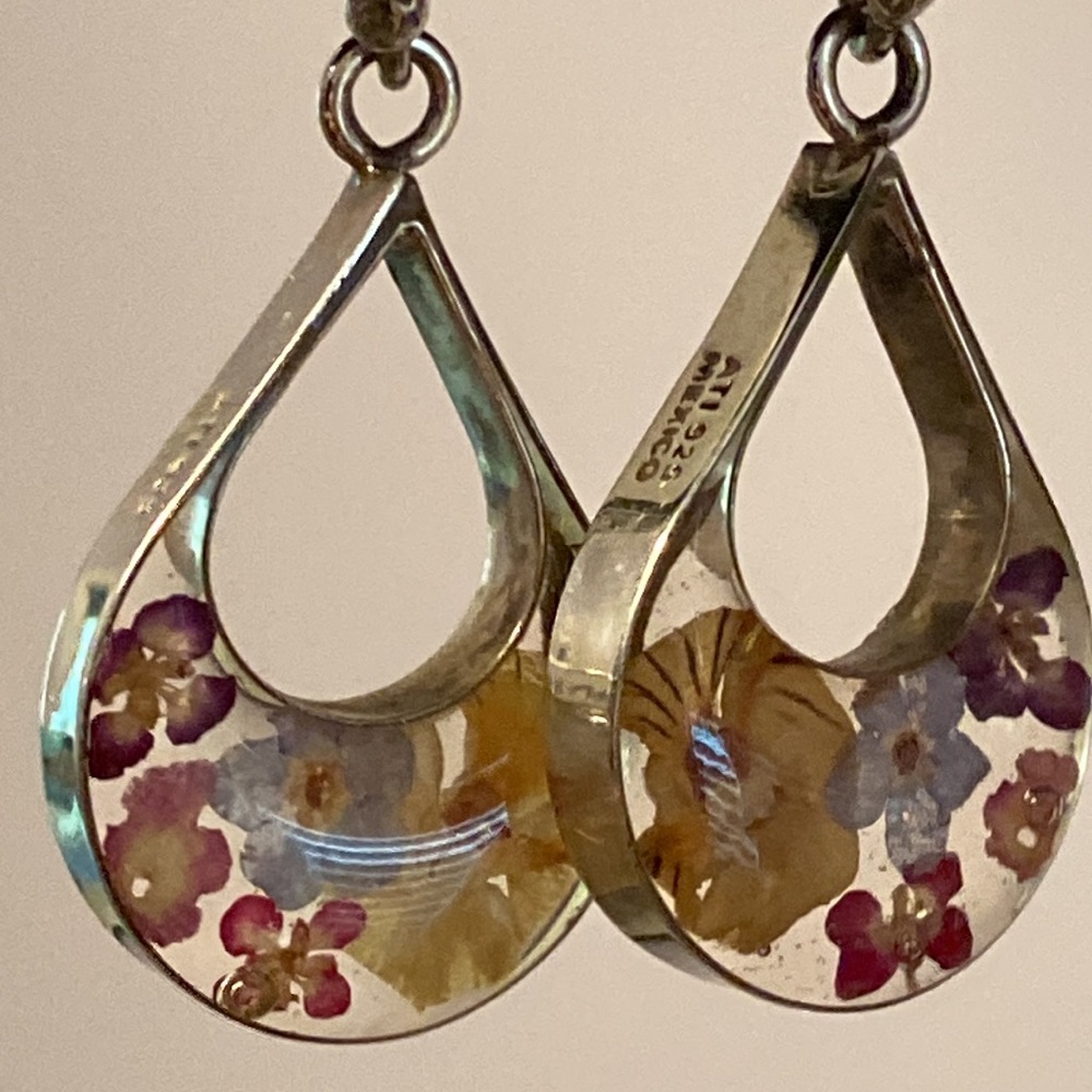 925 sterling silver pressed meadow flowers resin  stained glass like earrings